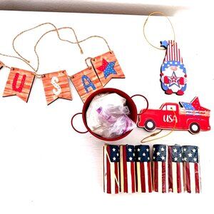 Patrotic Wall Wood Decor Gnome, Truck USA Banner +Candles + Mini Bucket 10 Items